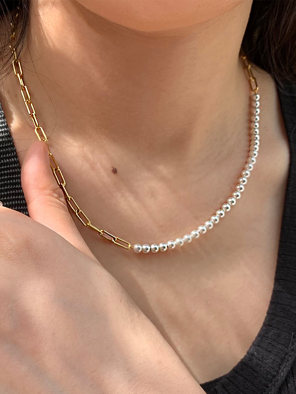 [silver 925] link pearl chain necklace