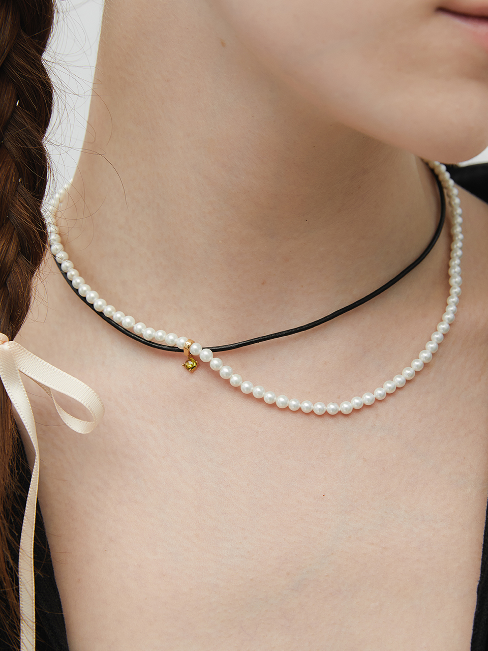 [silver925]leather pearl necklace