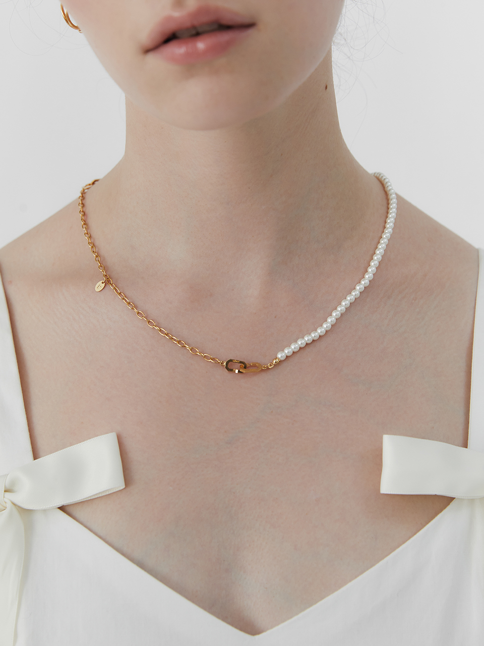 [silver925]half pearl multi chain necklace